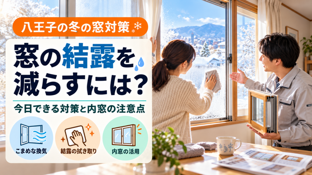 八王子の冬に窓の結露を拭き取り内窓の注意点を確認する様子