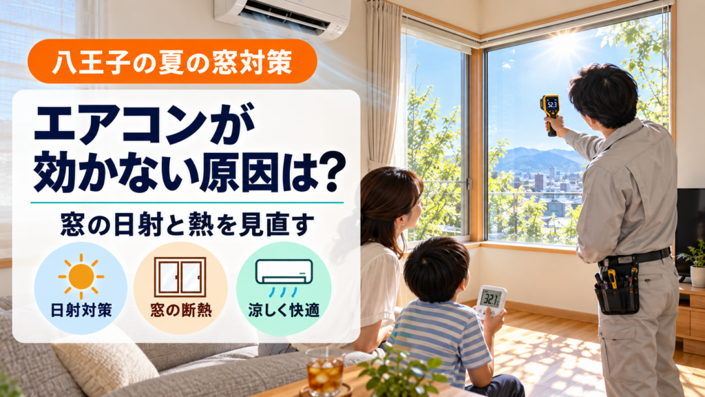 八王子の夏にエアコンが効かない部屋で窓の日射と熱を調べる様子