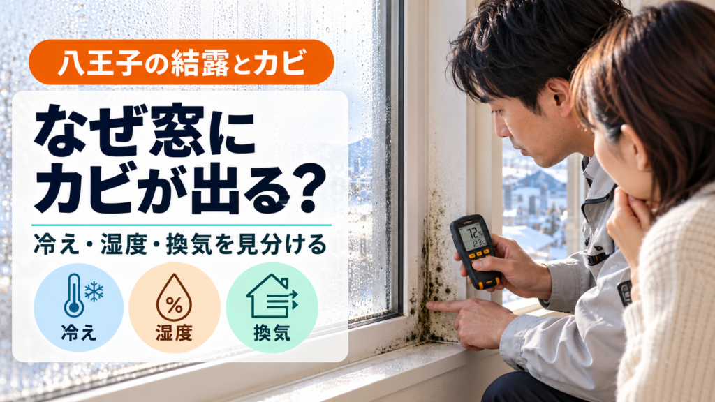 八王子の窓まわりのカビと結露の原因を測定する様子