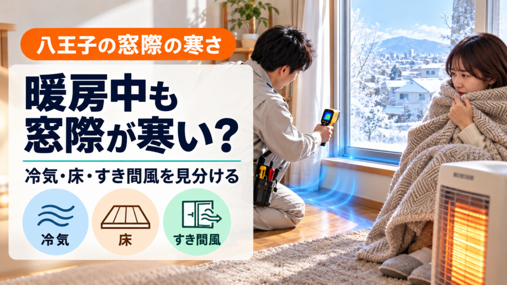 暖房中も寒い八王子の窓際で冷気とすき間風を調べる様子