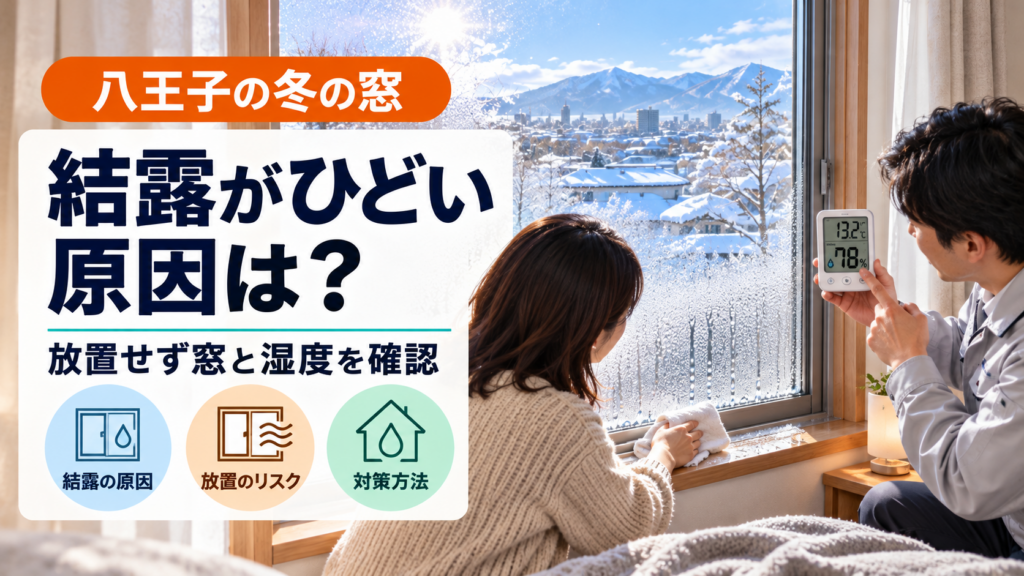 八王子の冬に結露した窓と室内湿度を確認する様子