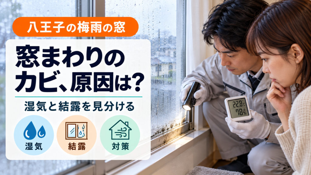 八王子の梅雨に窓まわりのカビと結露を点検する様子
