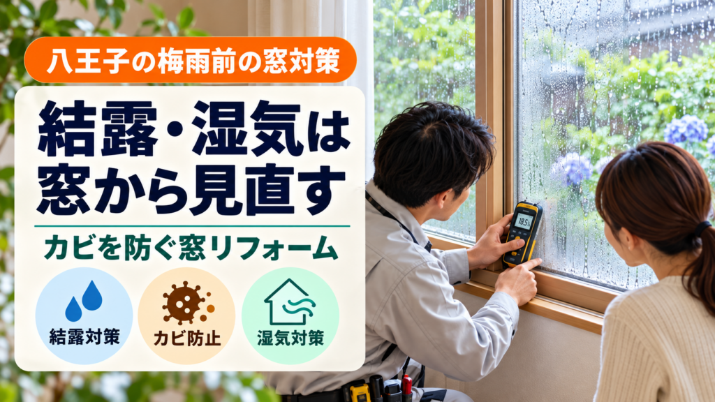 八王子の梅雨前に結露した窓と湿度を確認する施工担当者