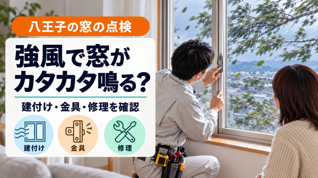 強風時にカタカタ鳴る八王子の窓の建付けと金具を点検する様子