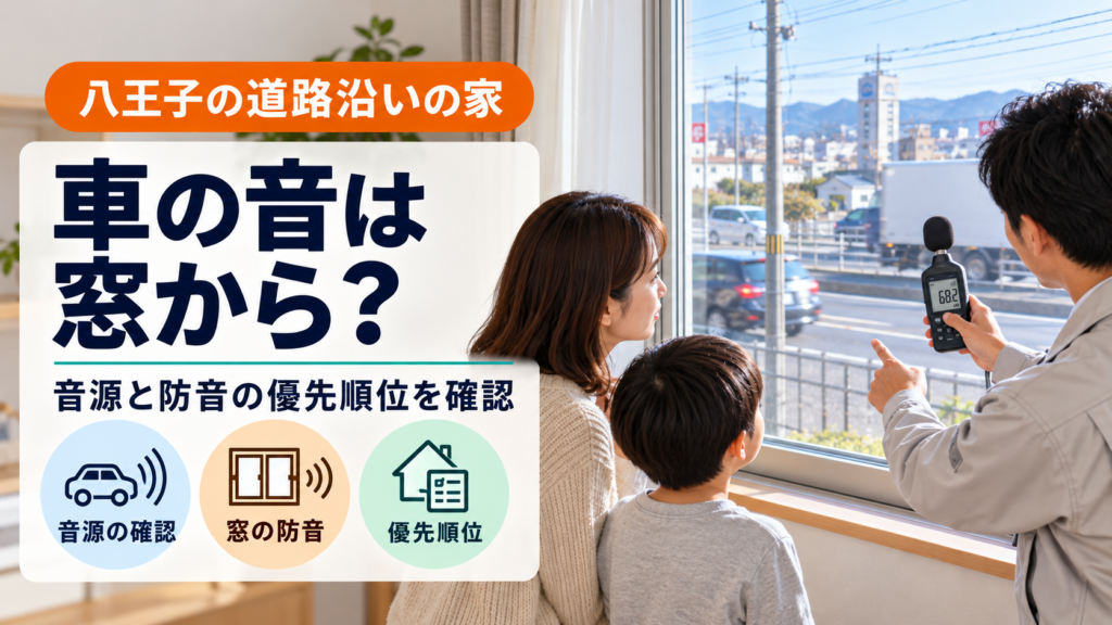 八王子の道路沿い住宅で車の音を測り窓の防音を検討する様子