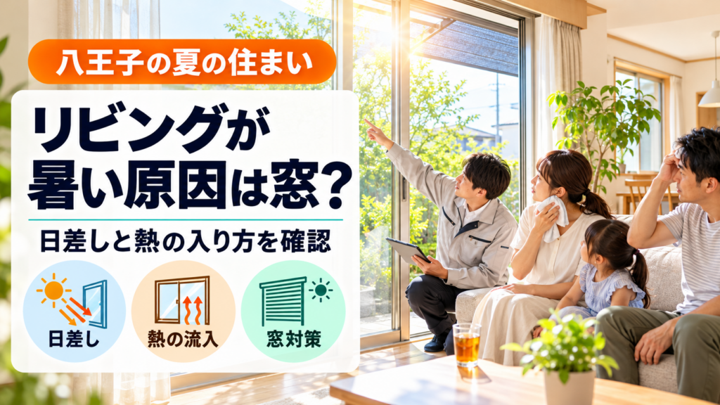 夏に暑い八王子のリビングで窓からの熱を確認する家族