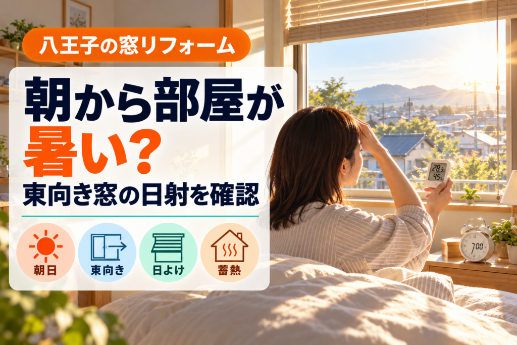 東向き窓から朝日が入る八王子の寝室で室温を確認する様子