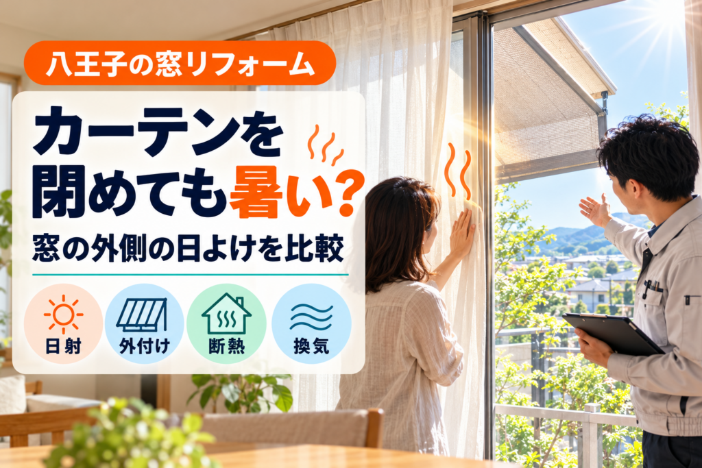 カーテンを閉めても暑い窓と外側の日よけを確認する八王子の住宅