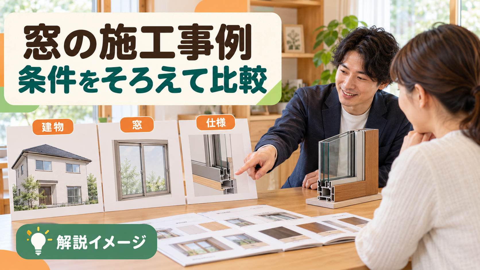 施工事例を建物と窓の条件で比較する解説イメージ。実際の施工写真ではありません