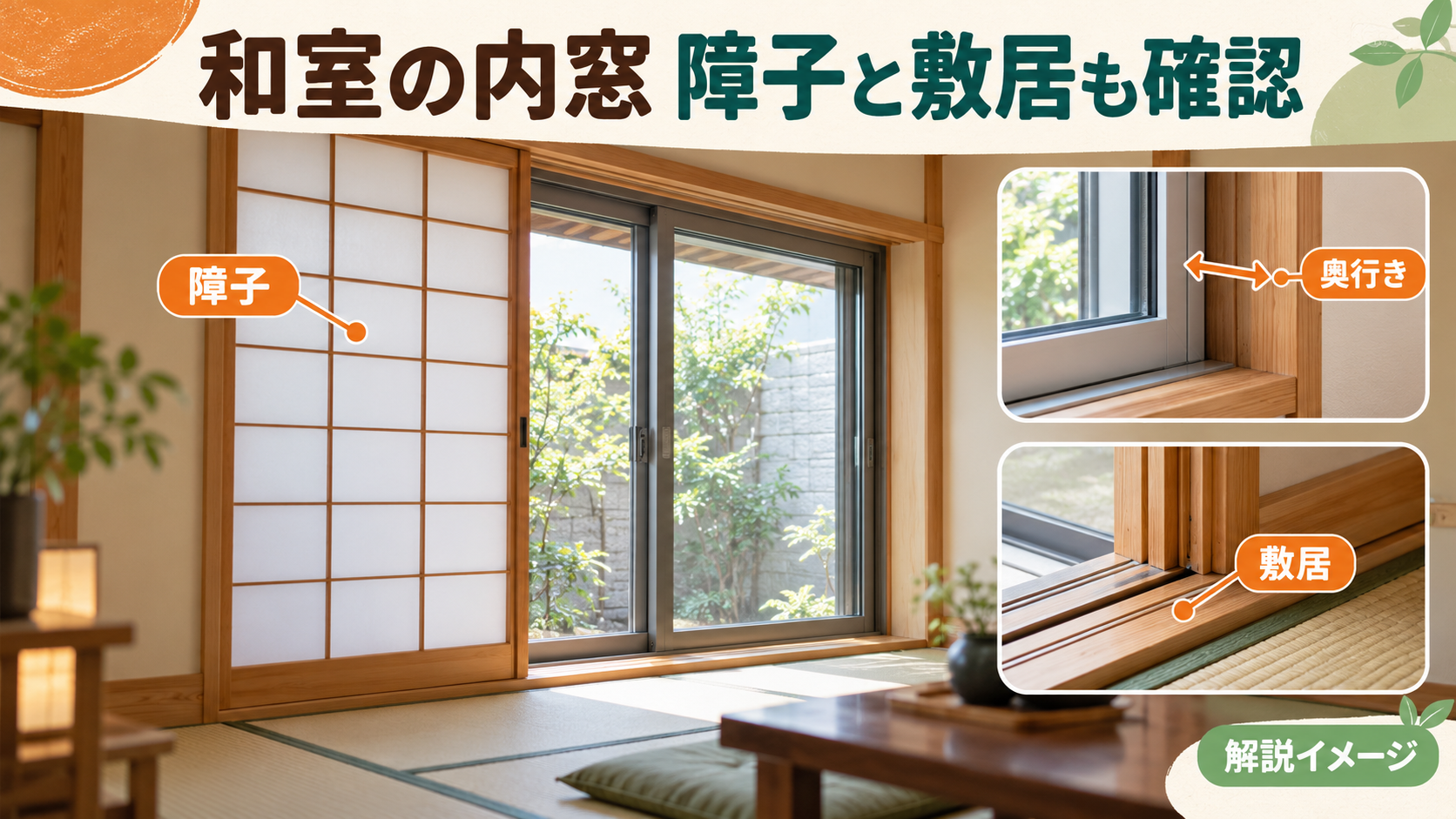 和室の障子と敷居と取付け奥行きを確認する解説イメージ。施工写真ではありません