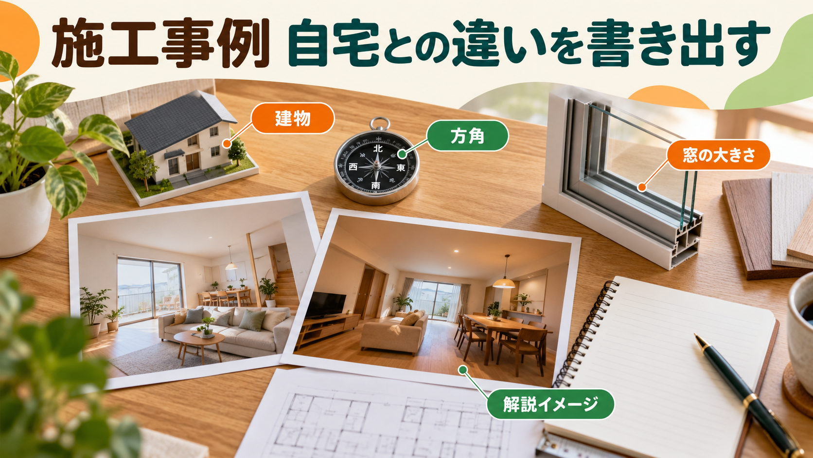 自宅と施工事例の窓仕様や部屋の条件を比較する解説イメージ