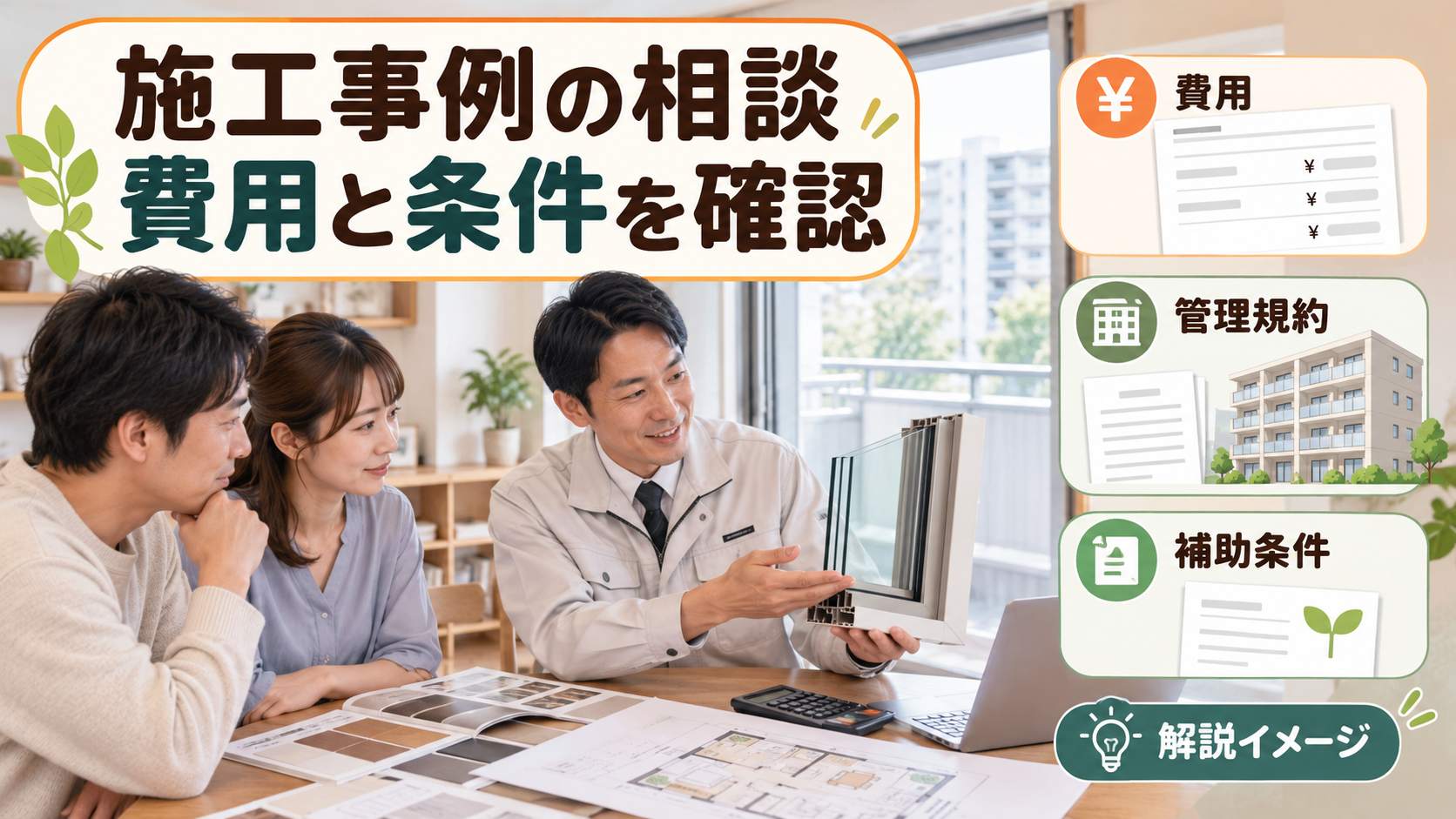 施工事例と自宅の費用や工事条件を相談する解説イメージ
