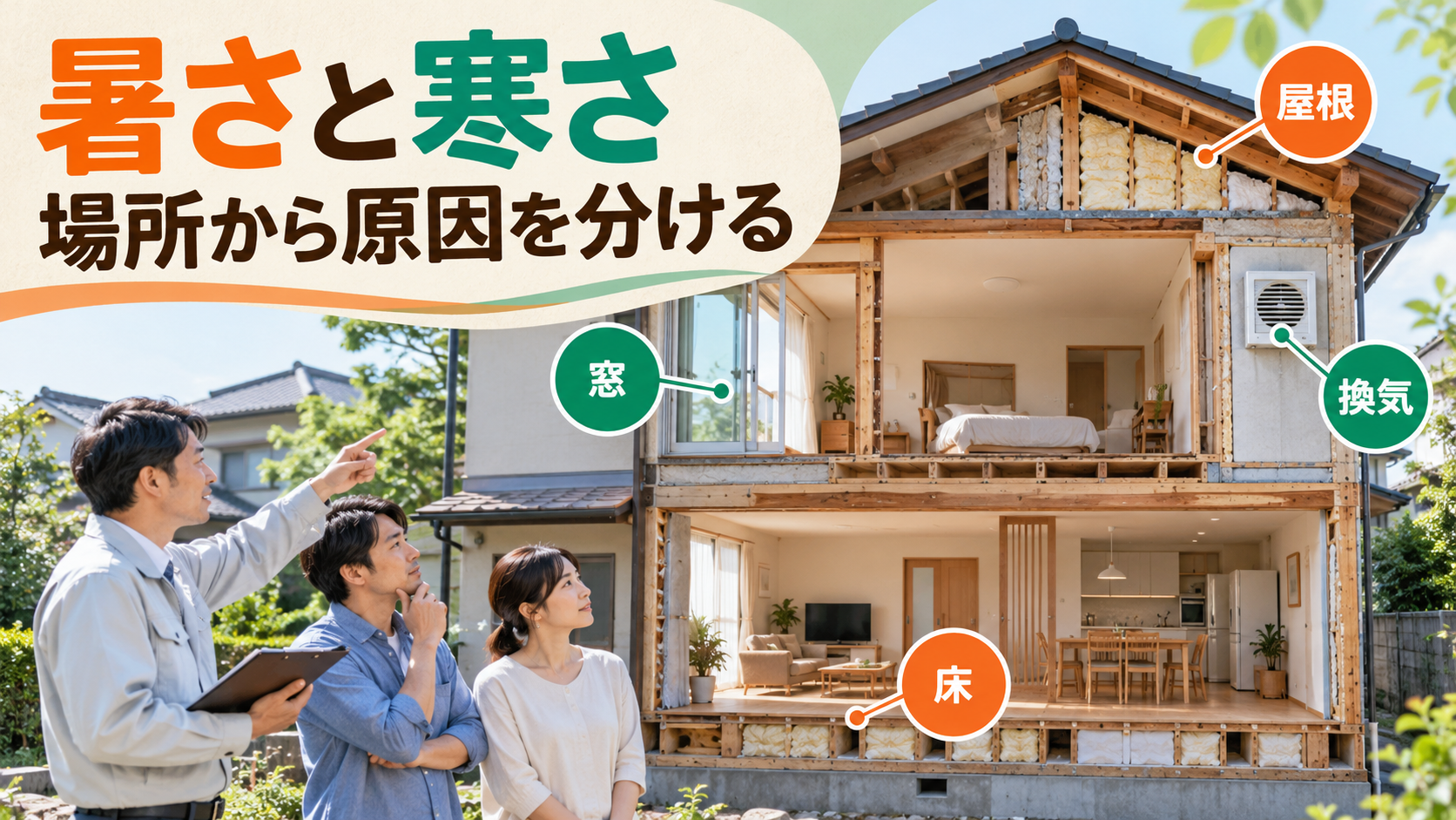 窓際と床と屋根など困る場所を分けて調べる住宅のイメージ