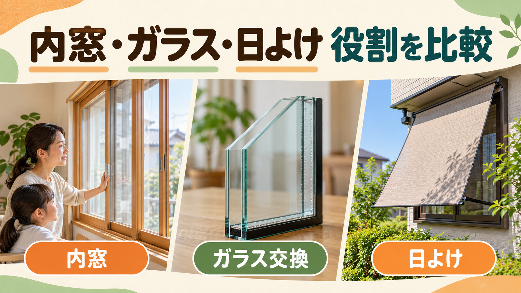 内窓とガラス交換と外付け日よけの役割を比較する様子