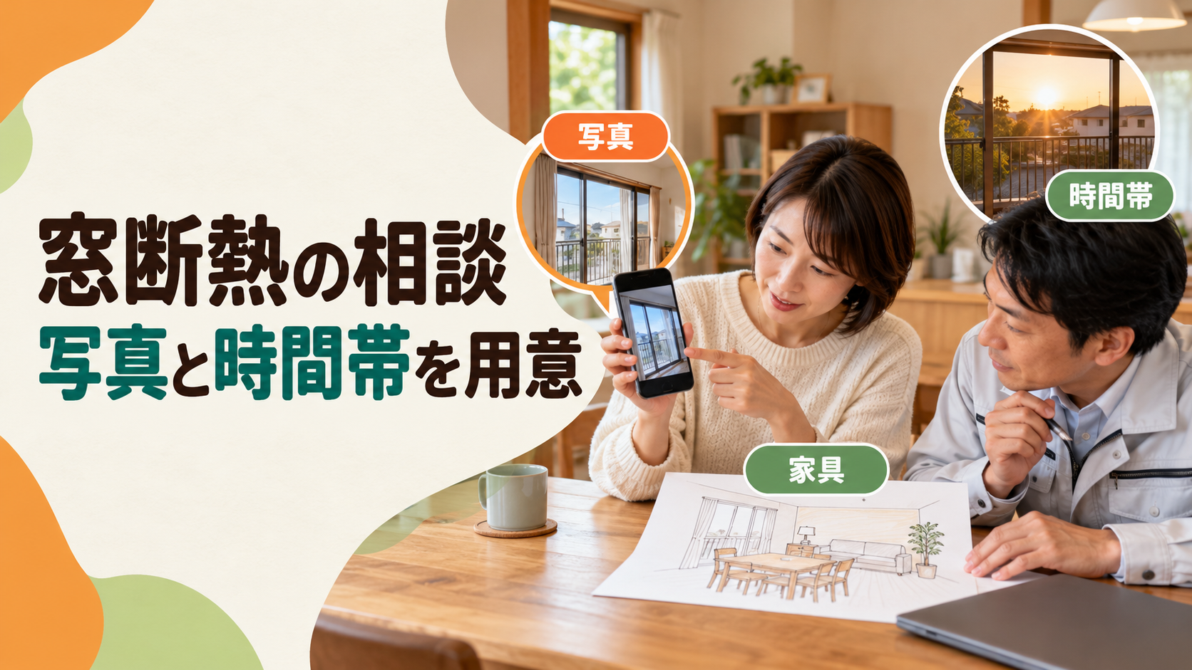窓の写真と時間帯と家具配置を現地調査前にまとめる様子