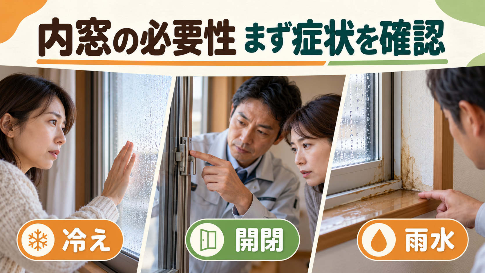 窓面の冷えと開閉不良と雨水の侵入を分けて調べる様子