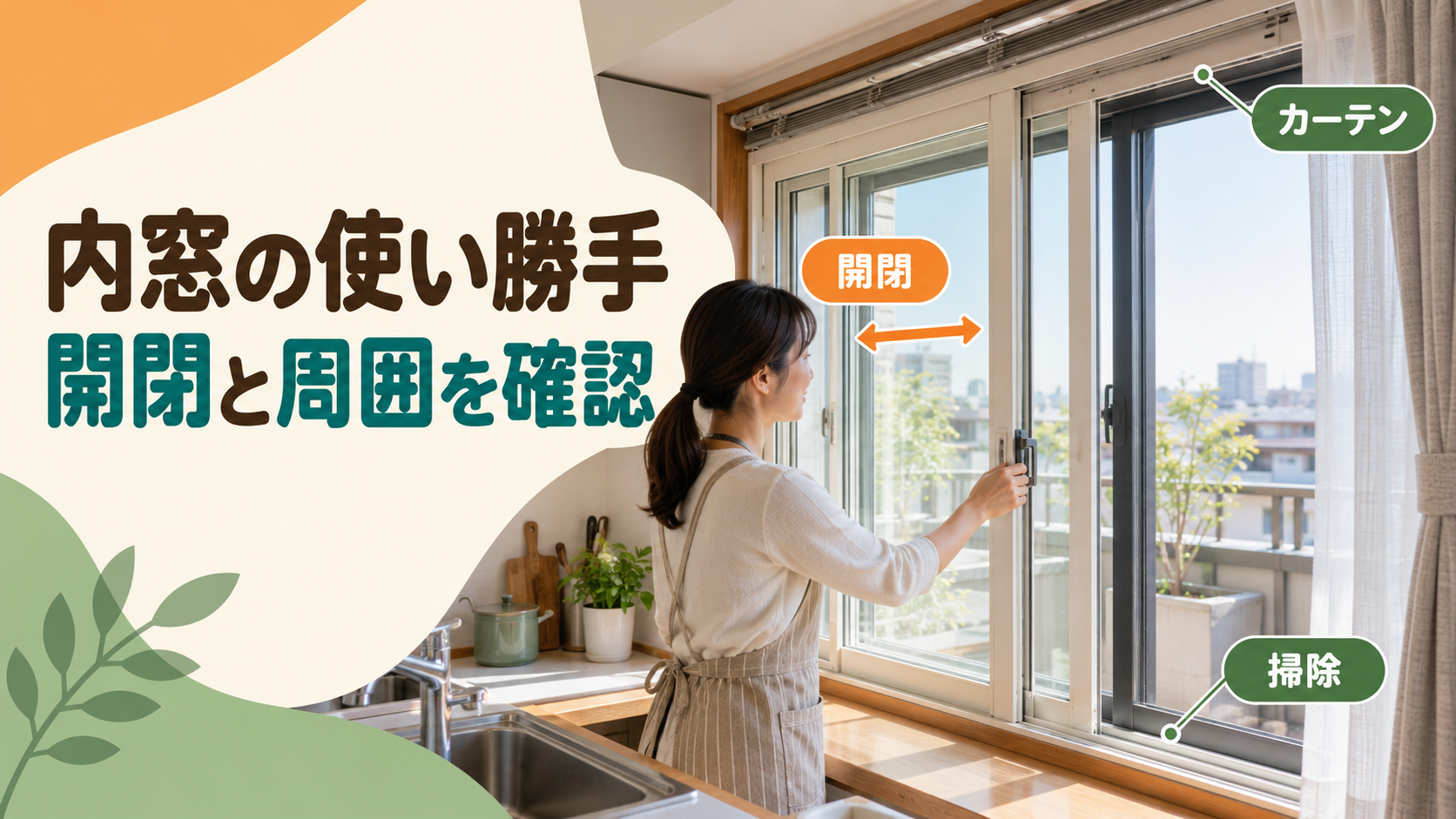 内窓を二重に開閉する手順とカーテンの位置を確認する様子