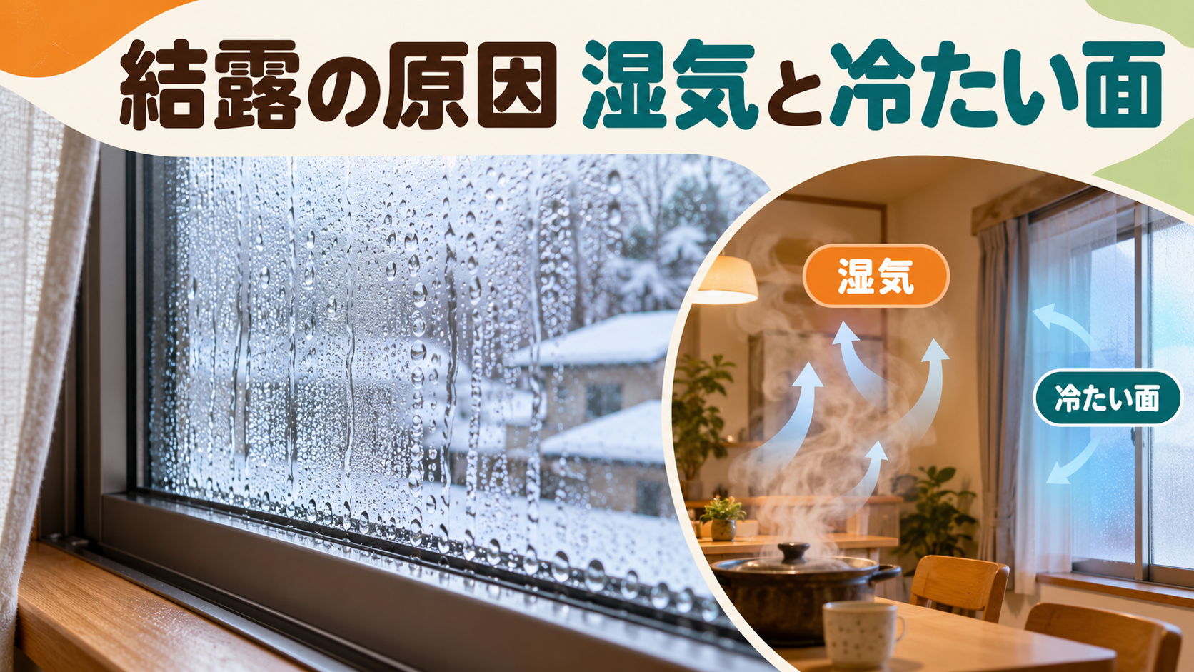 室内の水蒸気と冷たいガラスが関わる結露の仕組みのイメージ