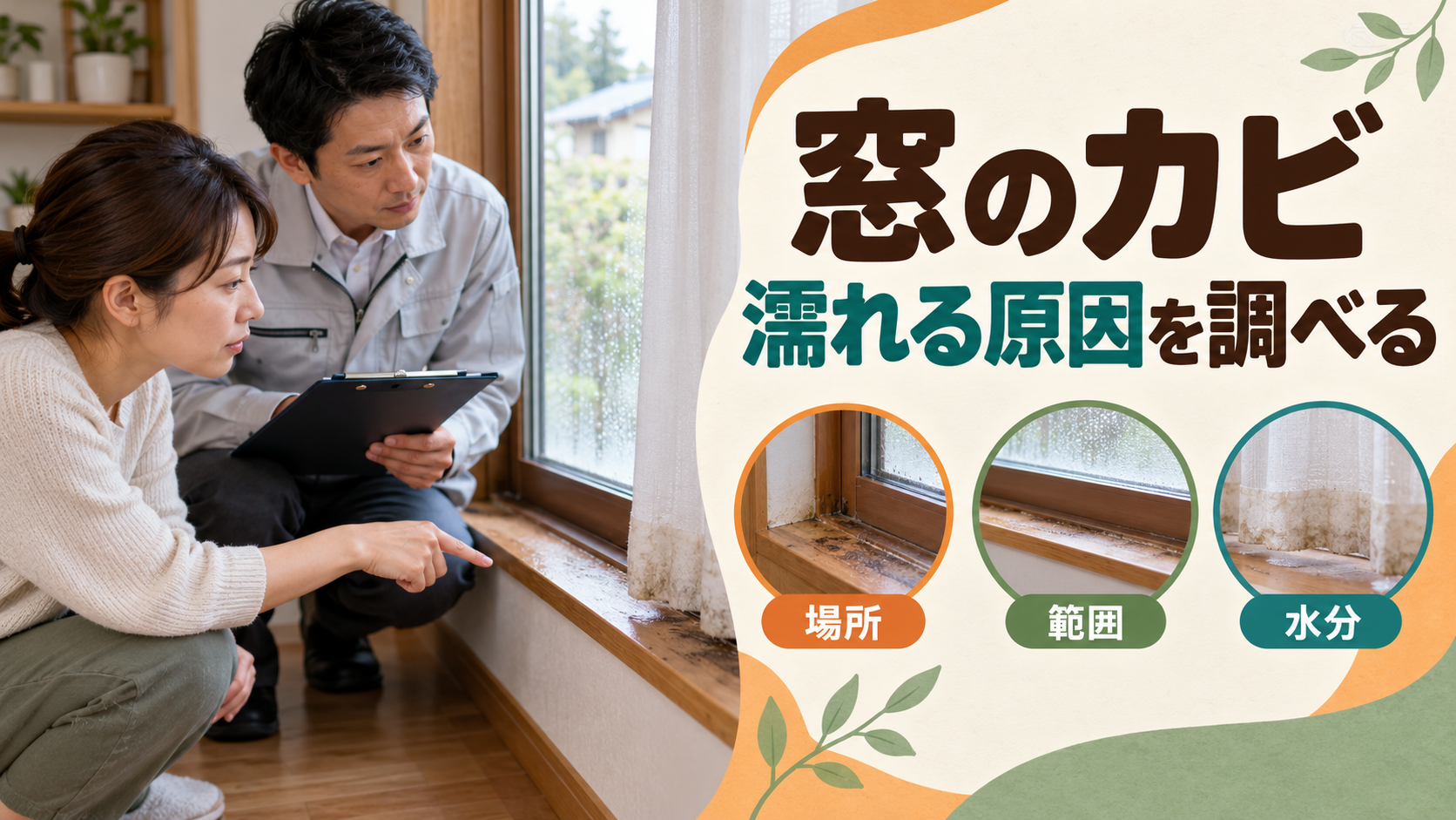 窓台とカーテンの水濡れを確認し原因を記録する様子