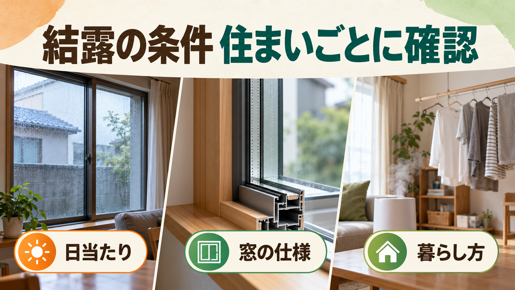 日当たりと窓仕様と室内干しなど住宅ごとの条件を比較するイメージ