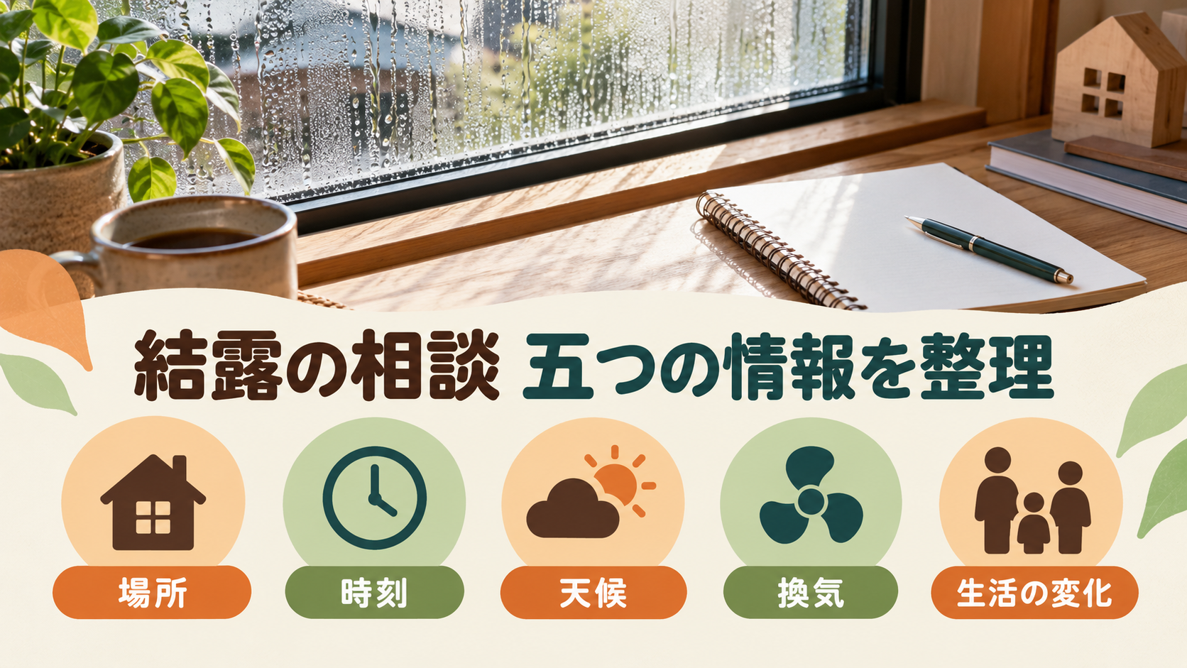 結露の場所と時刻と天候と換気と生活の変化を相談資料にまとめる様子