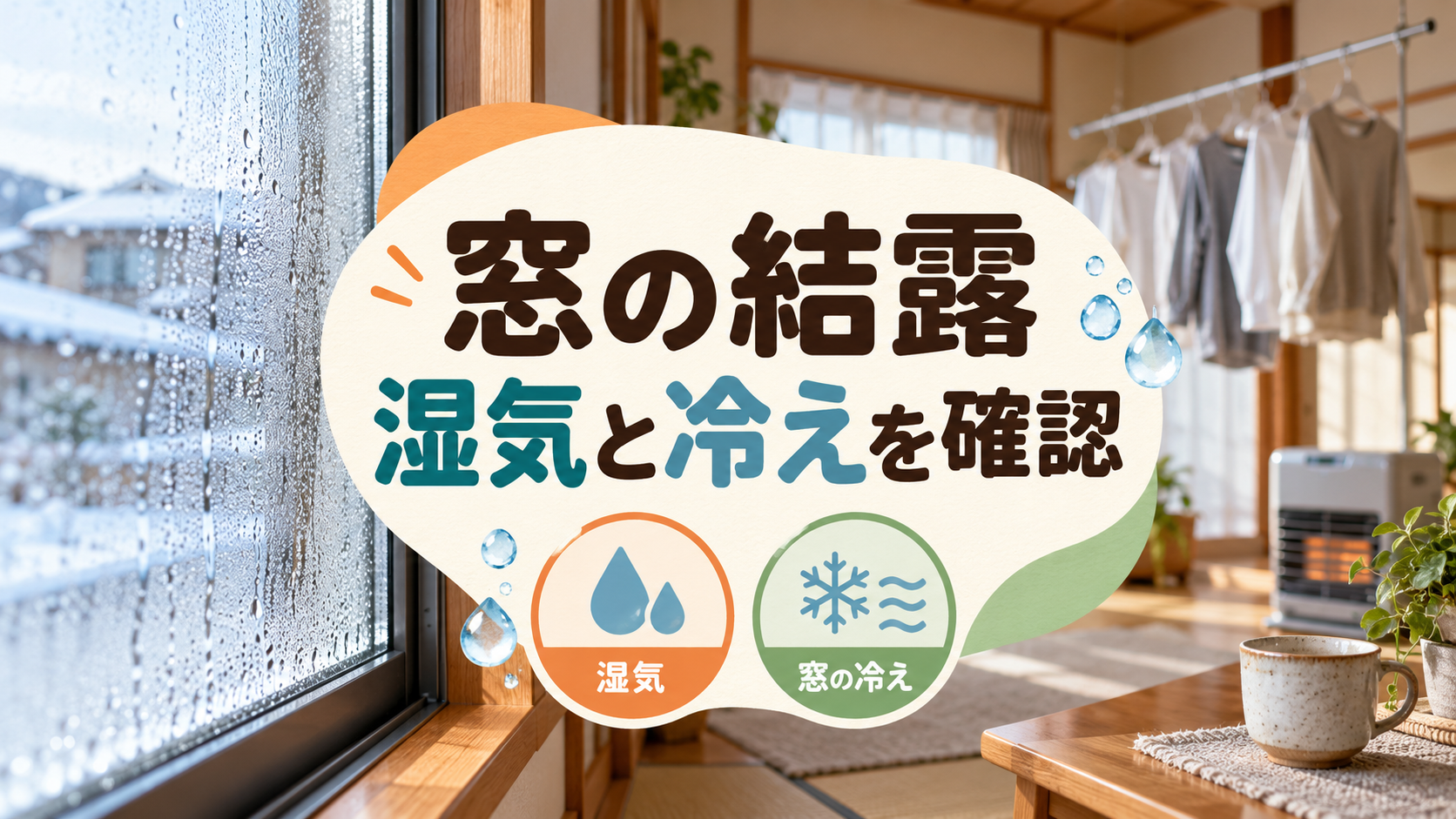 室内の湿気が冷たい窓面に触れて水滴になる仕組みのイメージ