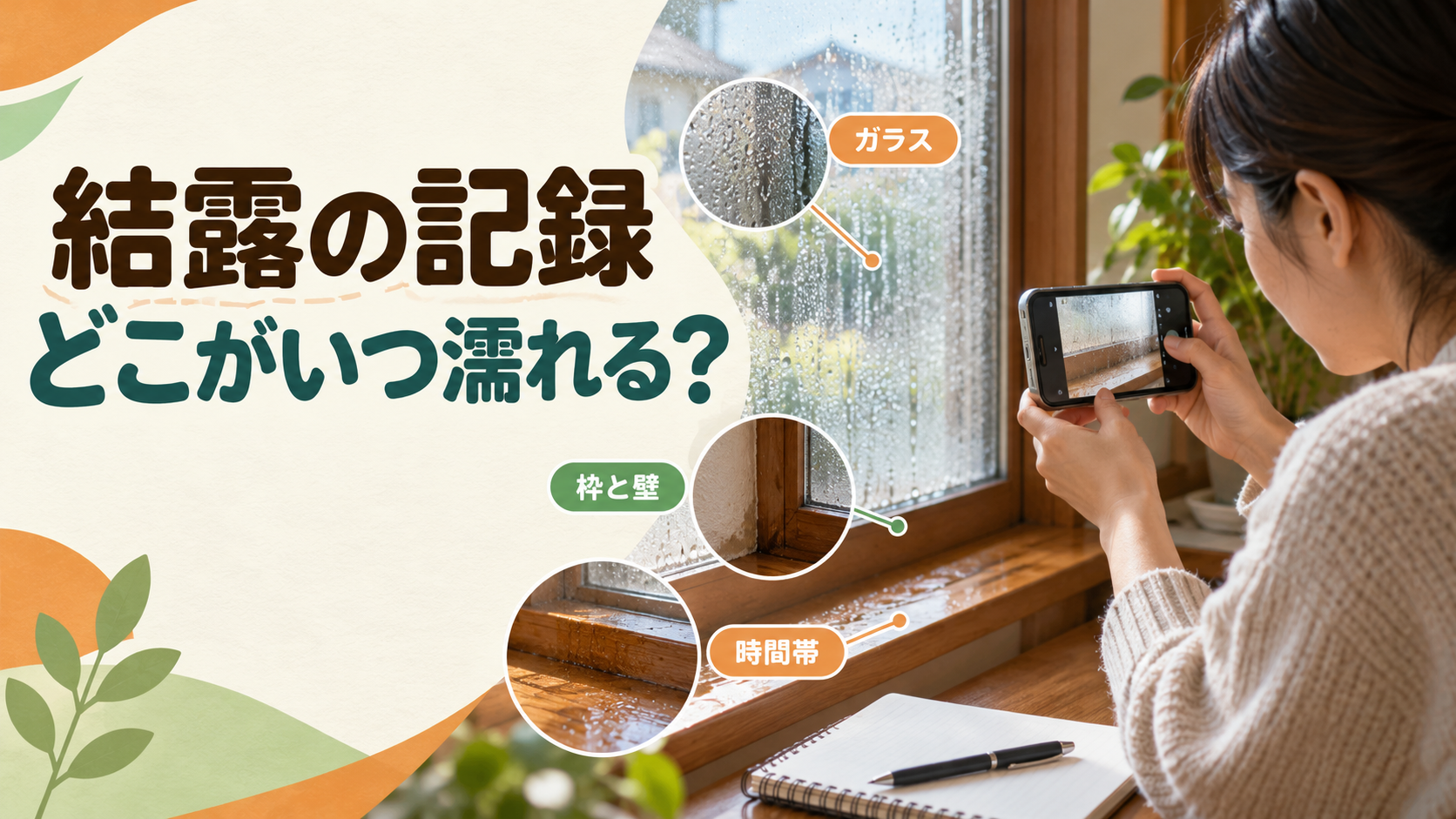 窓ガラスと枠の濡れる場所を写真と時刻で記録する様子