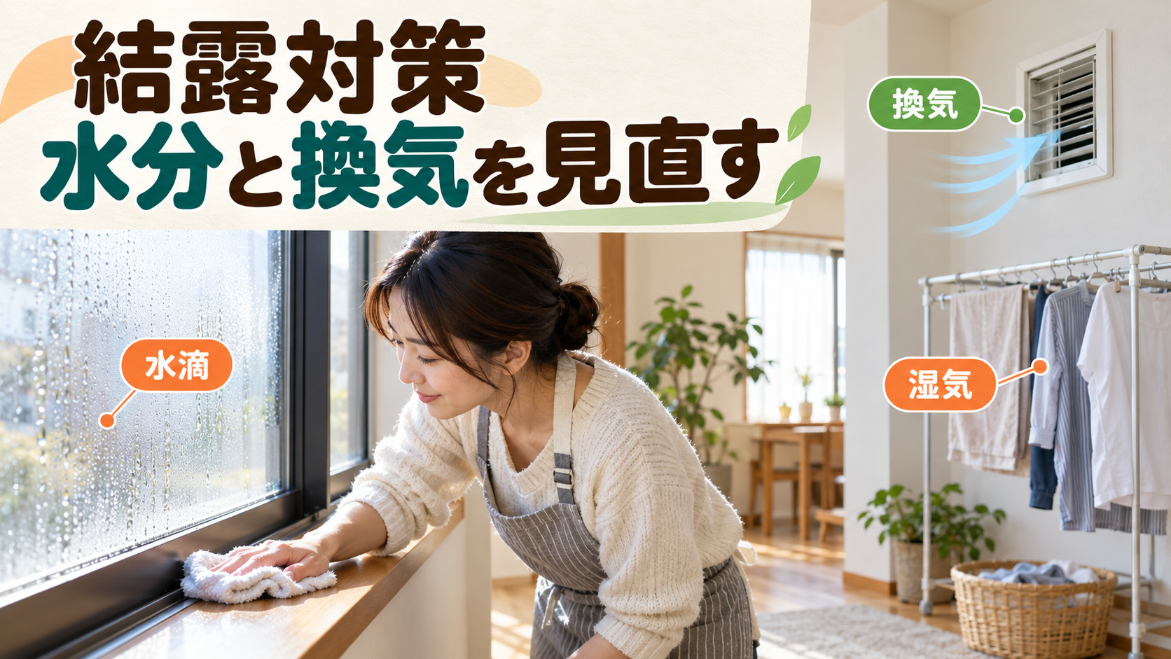 窓の水滴を拭き取り換気設備と室内干しを確認するイメージ