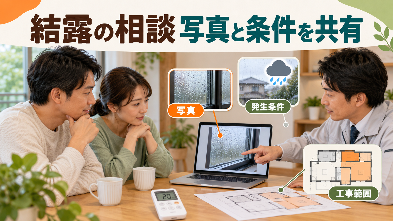 結露の写真と発生条件をまとめて窓の担当者に相談する様子