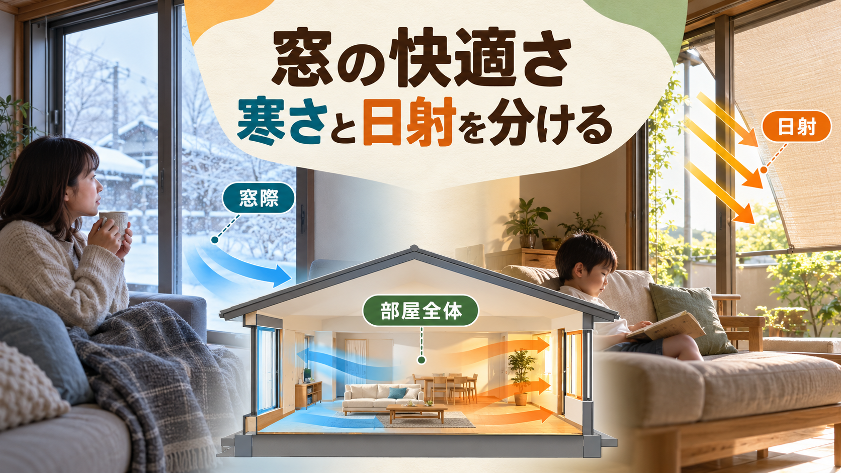窓際の冷気と西日と部屋全体の温度むらを確認するイメージ