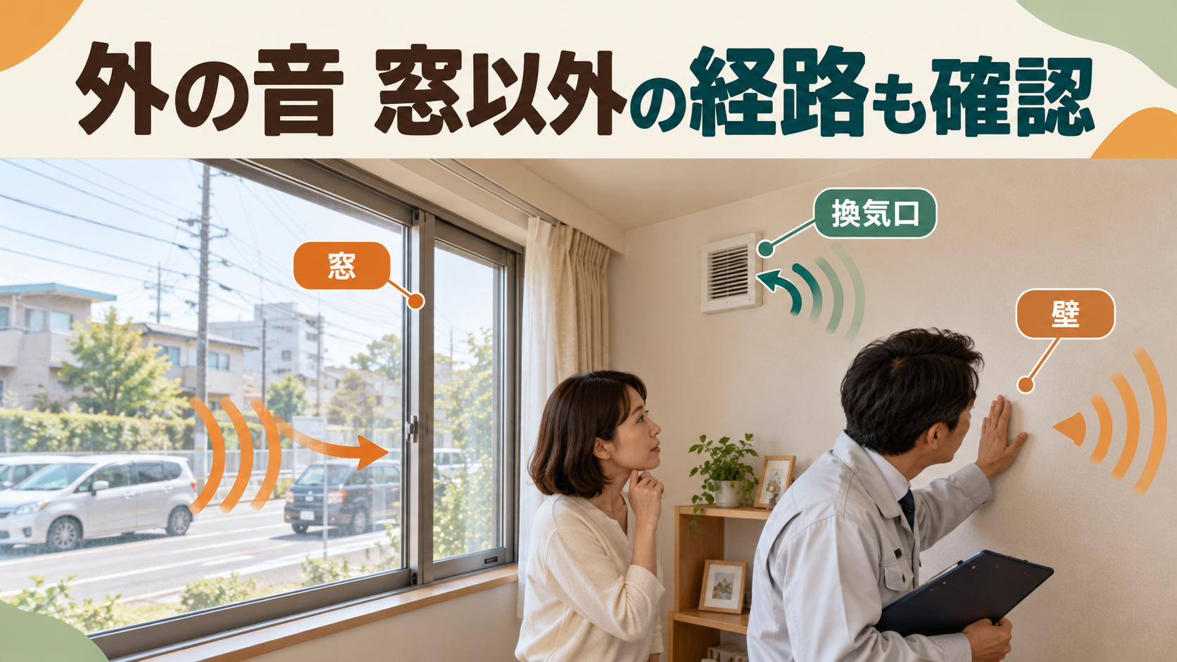 道路の音を窓と換気口と壁に分けて確認する住宅の様子