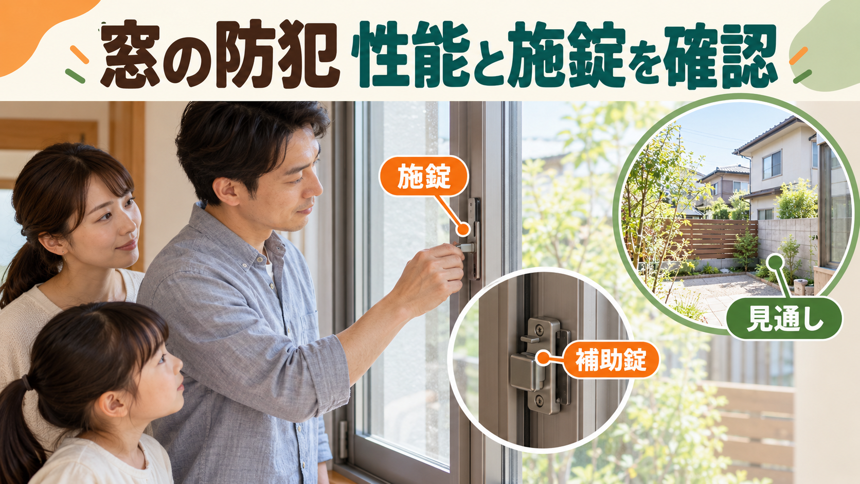 窓の施錠と補助錠と周囲の見通しを確認する家族