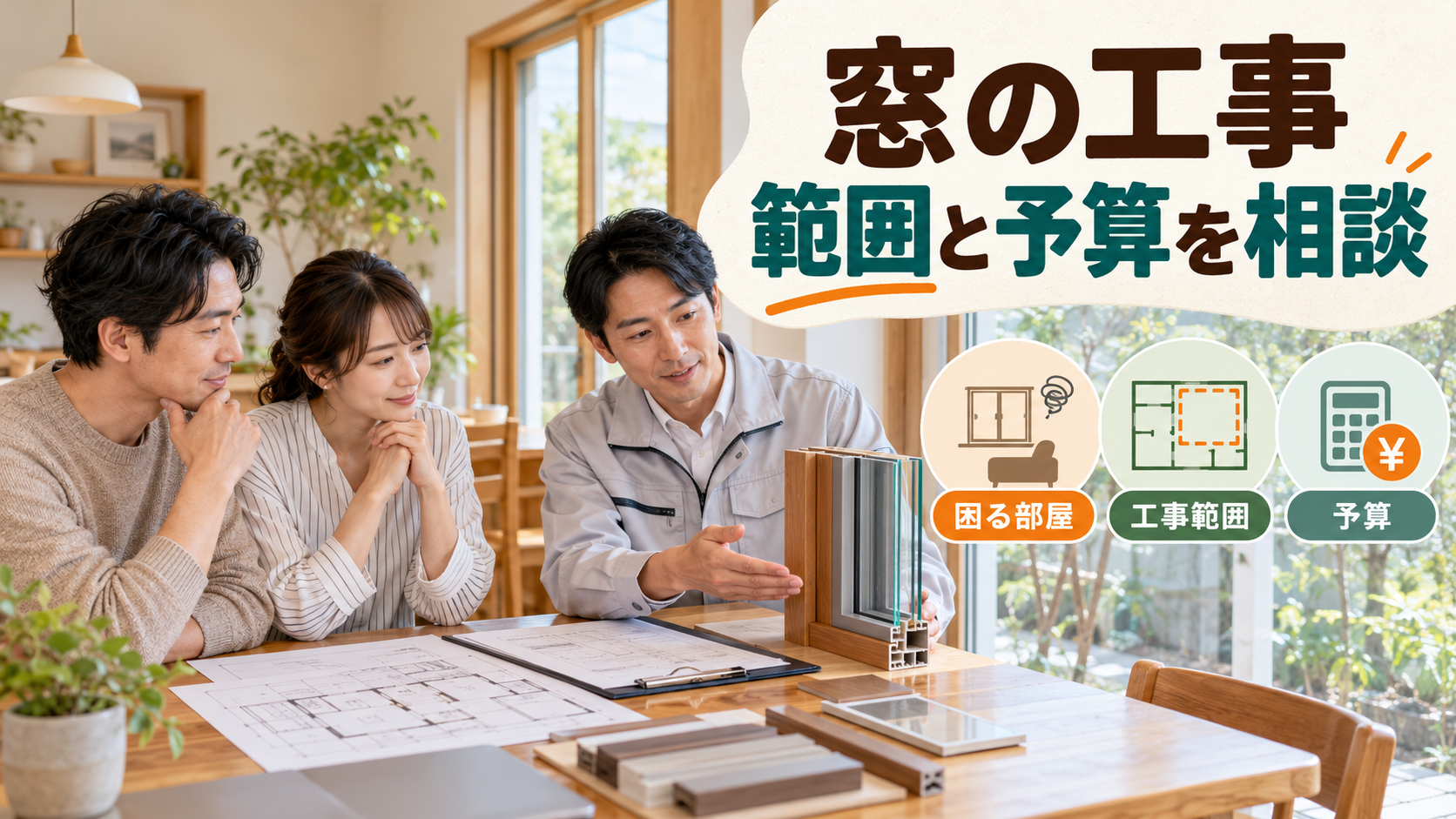 暮らしの困りごとと予算に合わせて窓の工事範囲を相談する様子