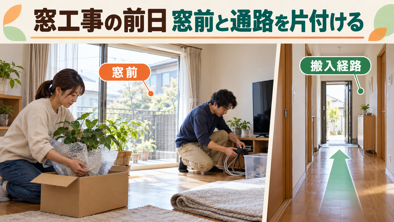 窓前の小物と玄関からの搬入経路を片付ける家族