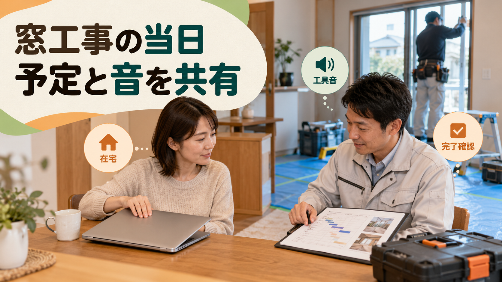 工事中の予定と工具音と完了後の清掃確認を相談する様子
