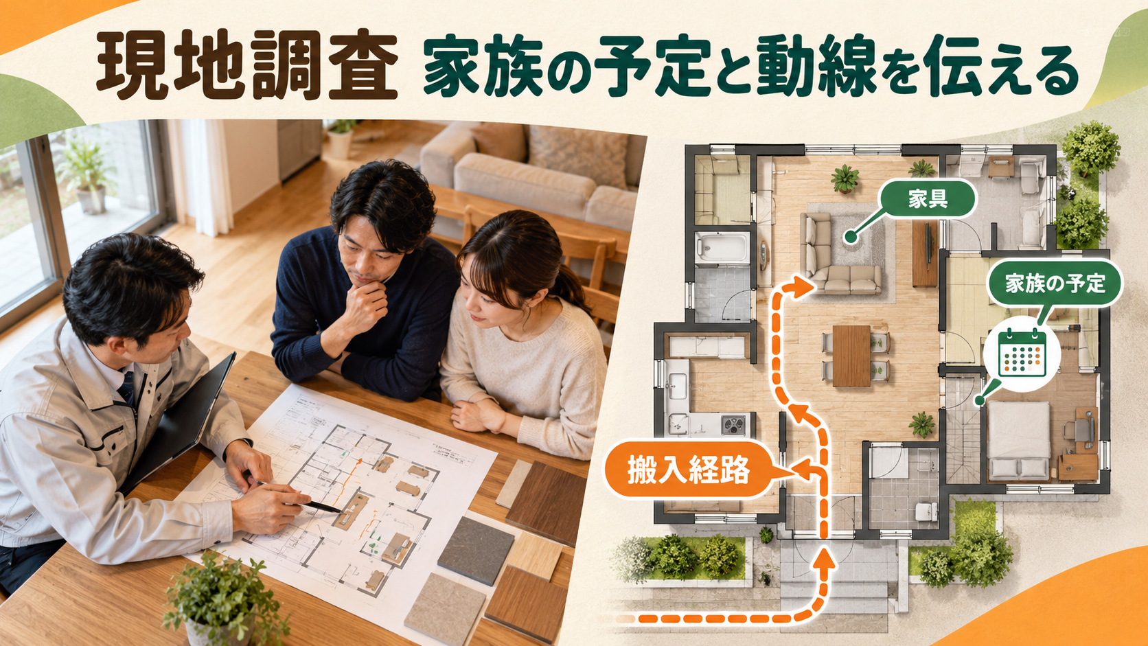 家具移動や搬入経路や家族の予定を現地調査で確認する様子