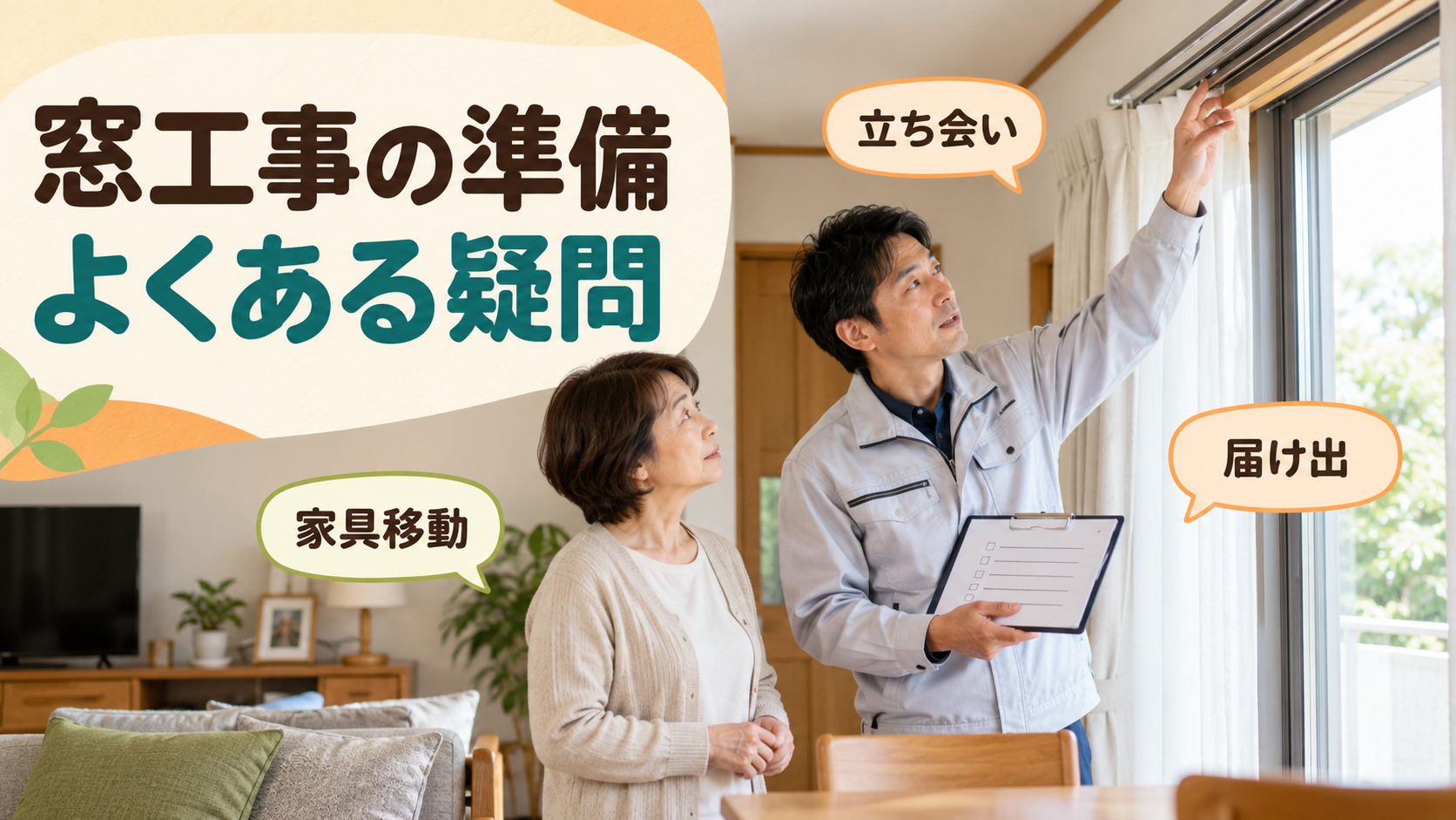 窓工事当日の立ち会いと家具移動について相談する様子
