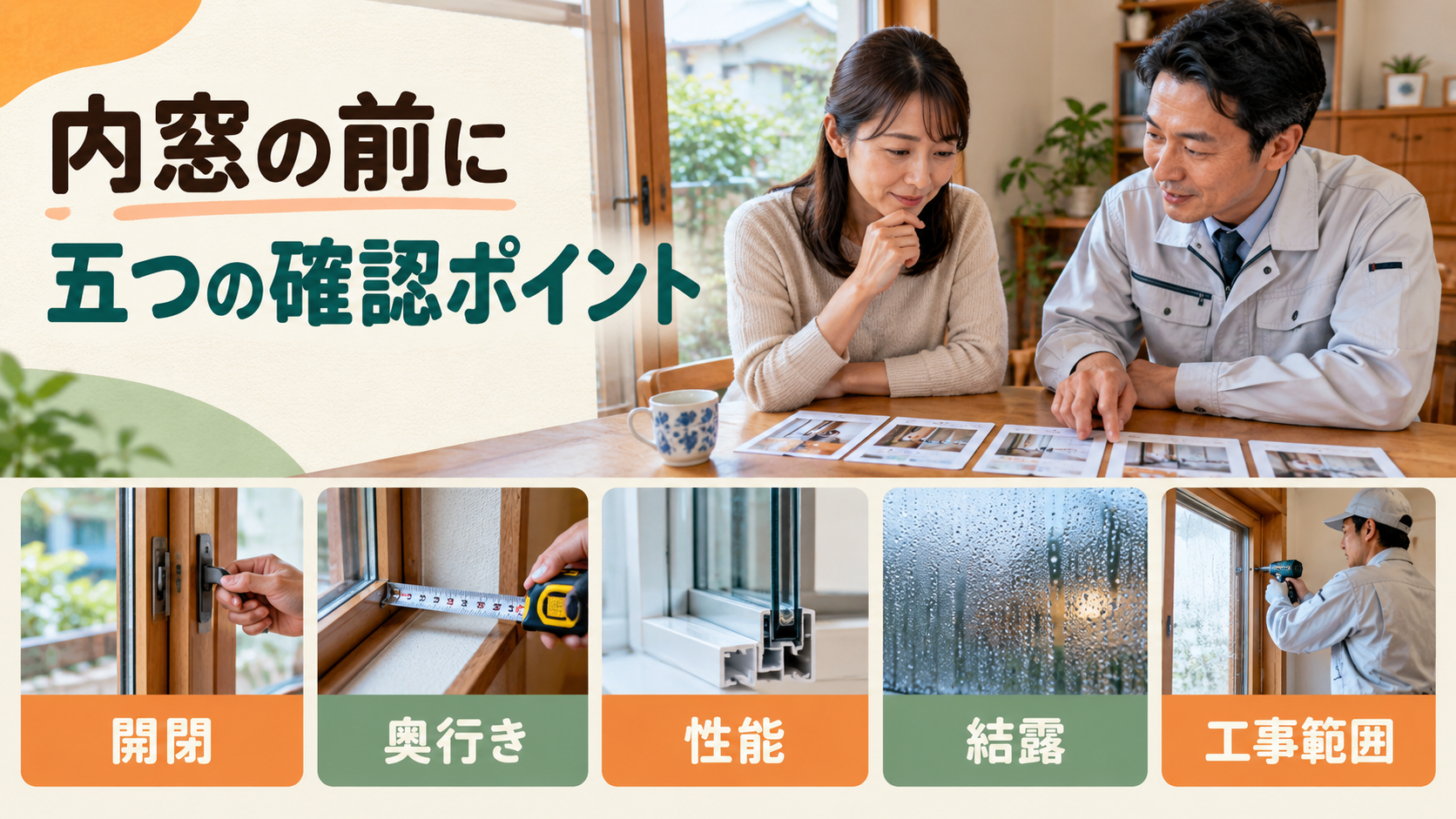 内窓の開閉と奥行きと性能と結露と工事範囲の五つを確認する資料