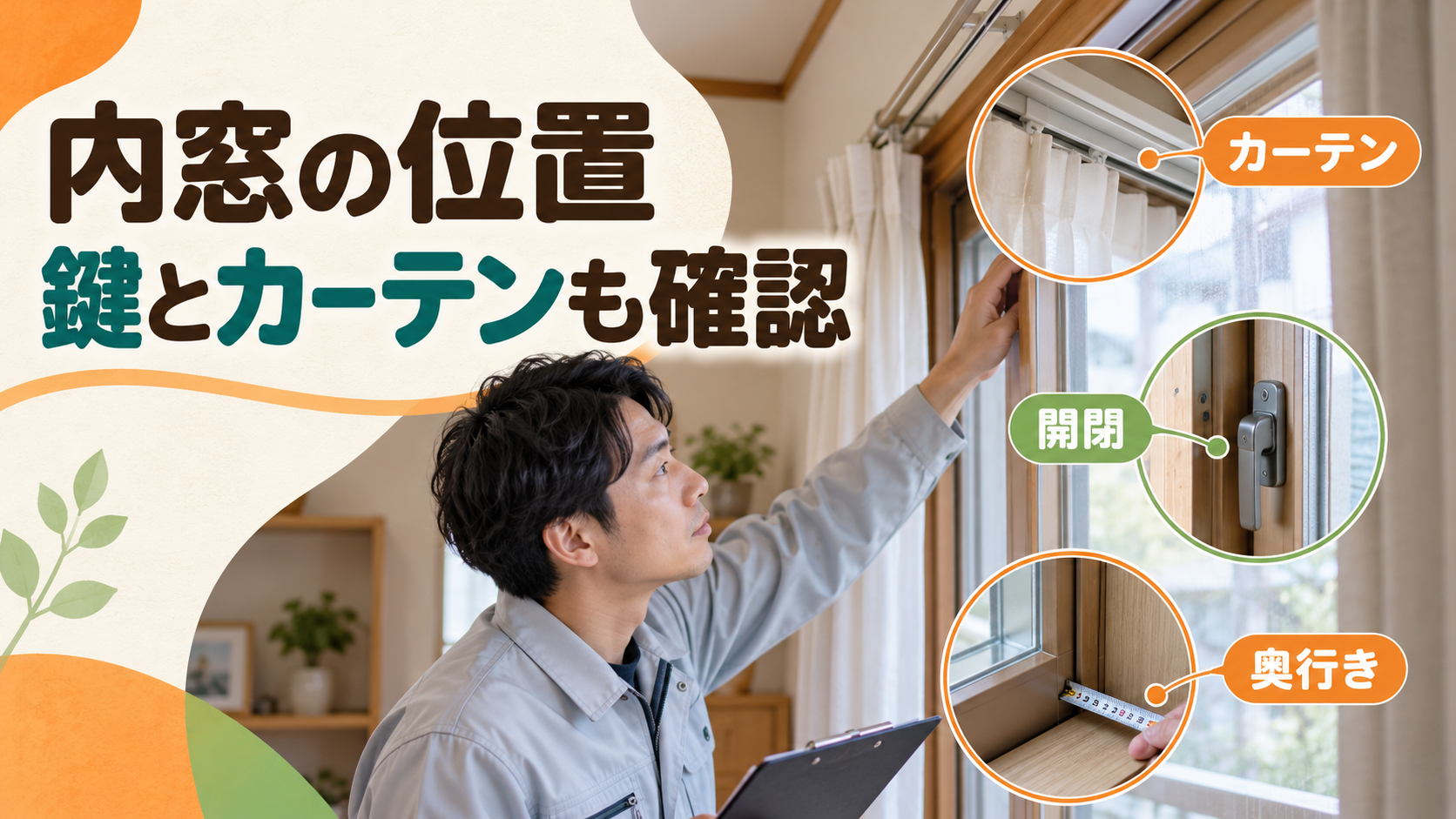 内窓の取付け位置と鍵とカーテンの干渉を確認する様子