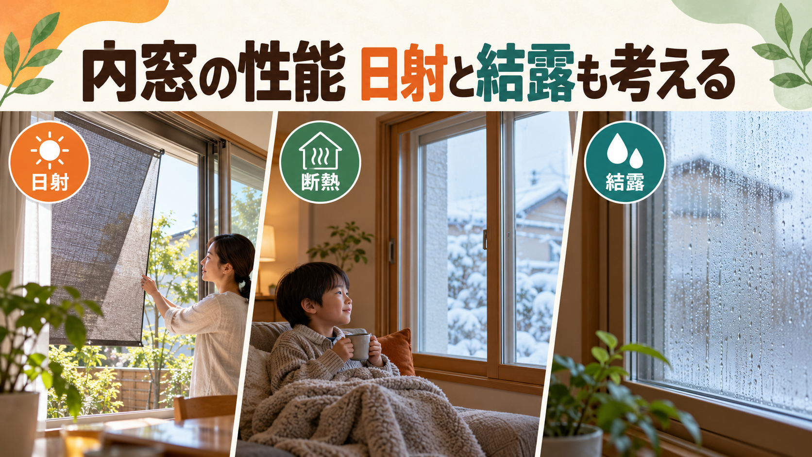 夏の日射と冬の冷えと窓間の結露を分けて考えるイメージ