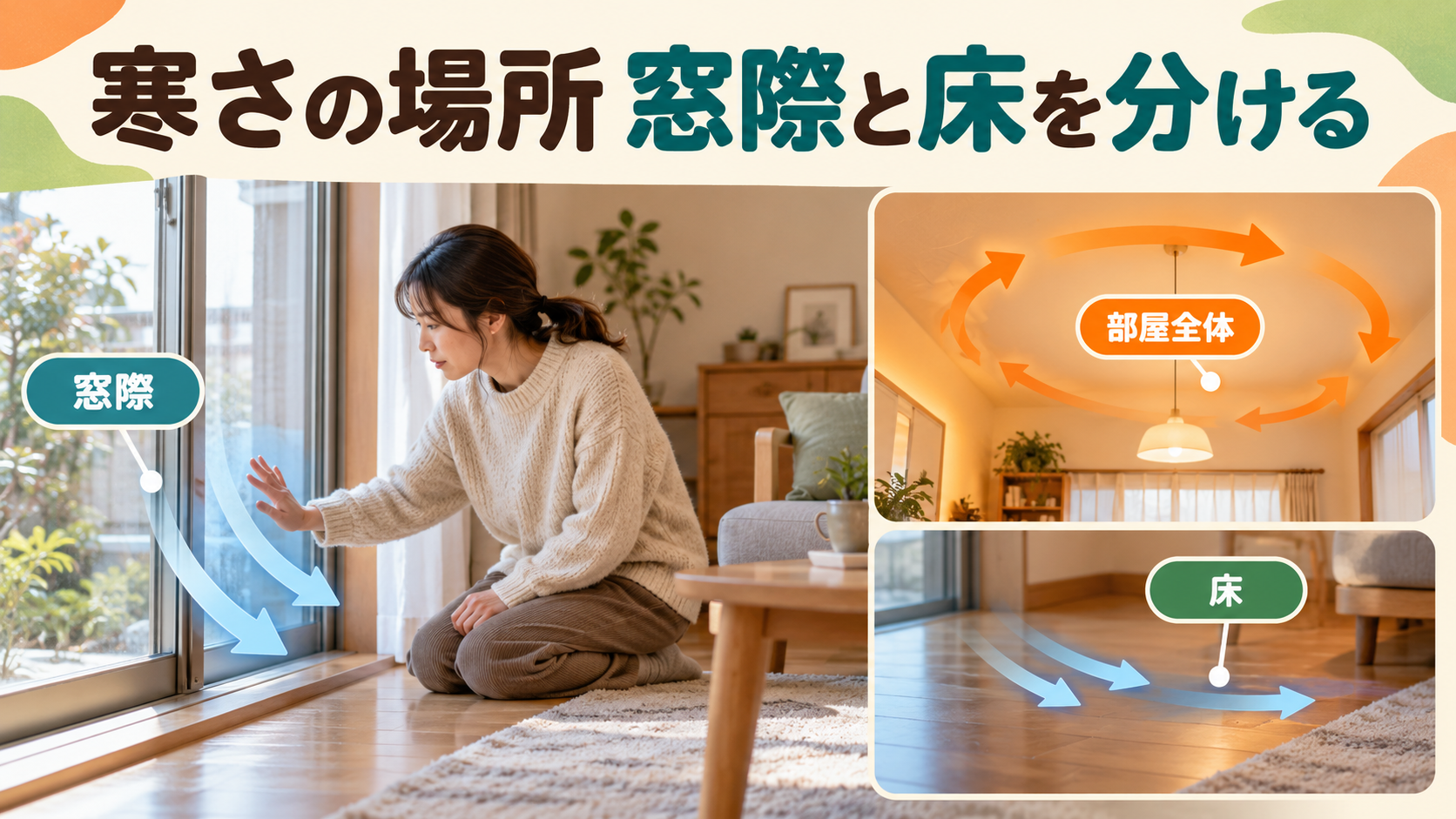 窓際と床と家全体の冷えを分けて調べる住宅のイメージ