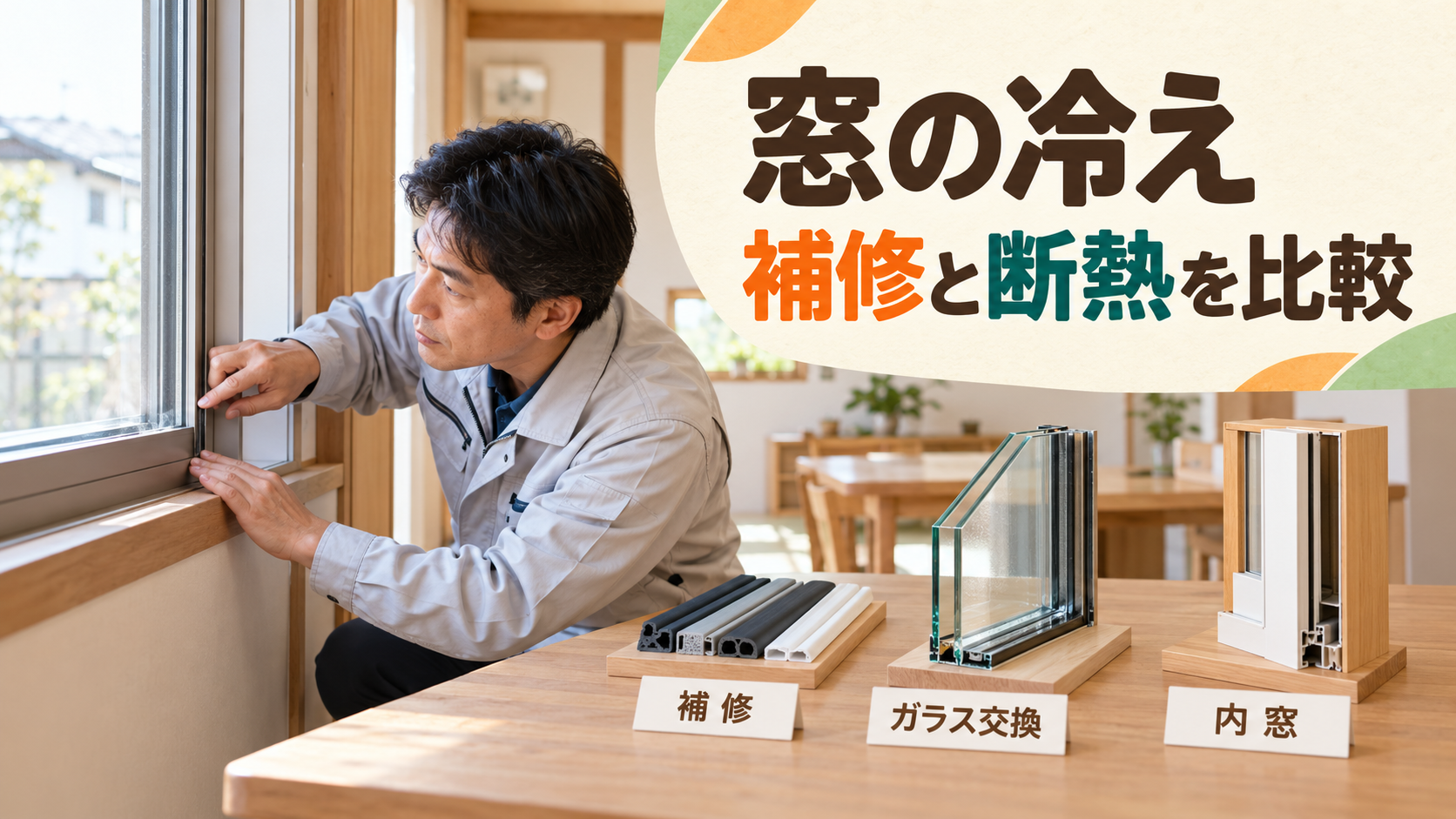 既存窓の補修とガラス交換と内窓を比較する様子