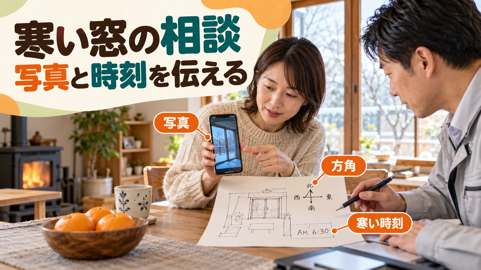 窓の写真と方角と寒い時刻を担当者に伝える様子