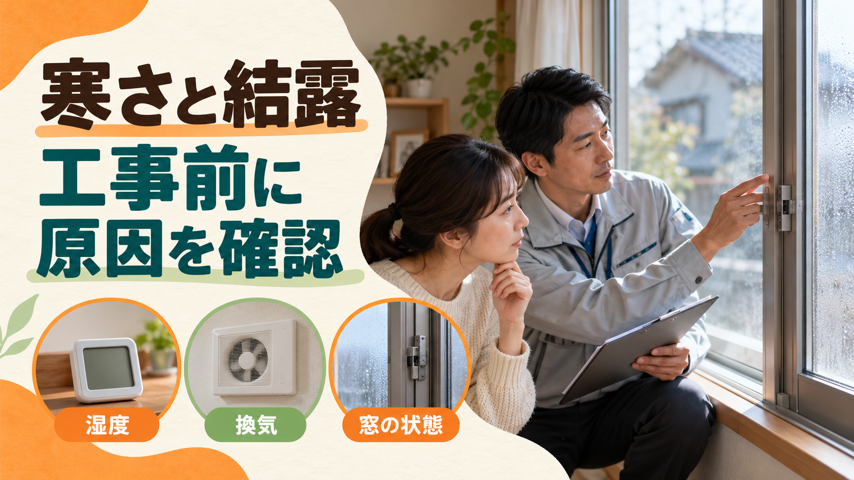 結露と一部屋からの工事について窓の担当者に質問する様子