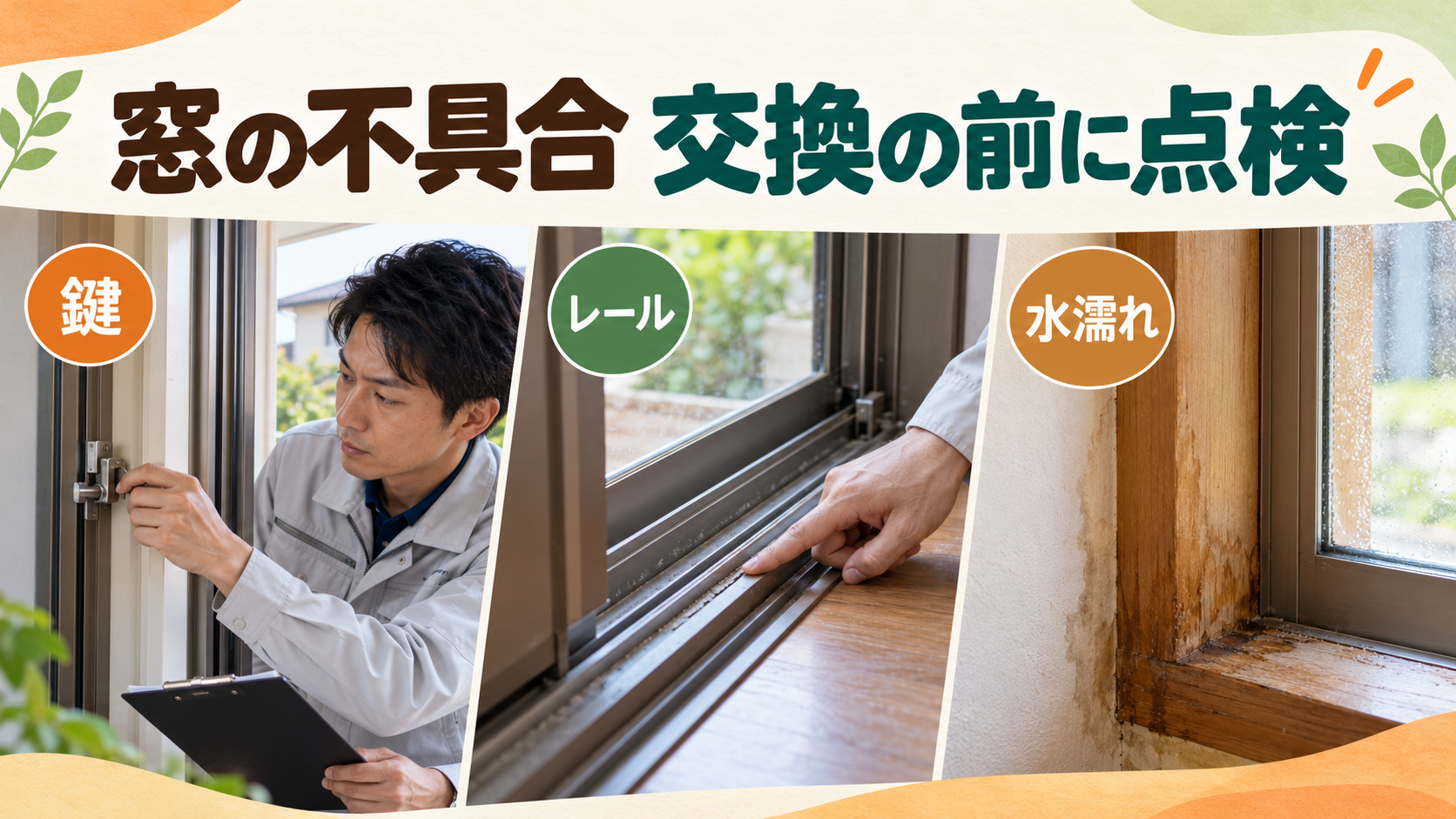 窓の鍵とレールと水濡れの跡を専門スタッフが点検する様子