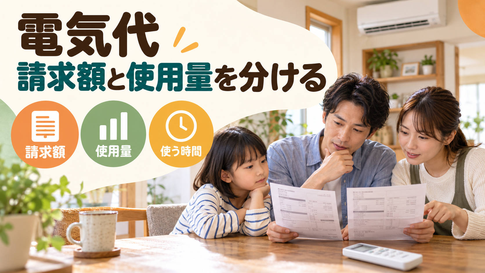 電気代の請求額と使用量と暖房時間を分けて比べる家族