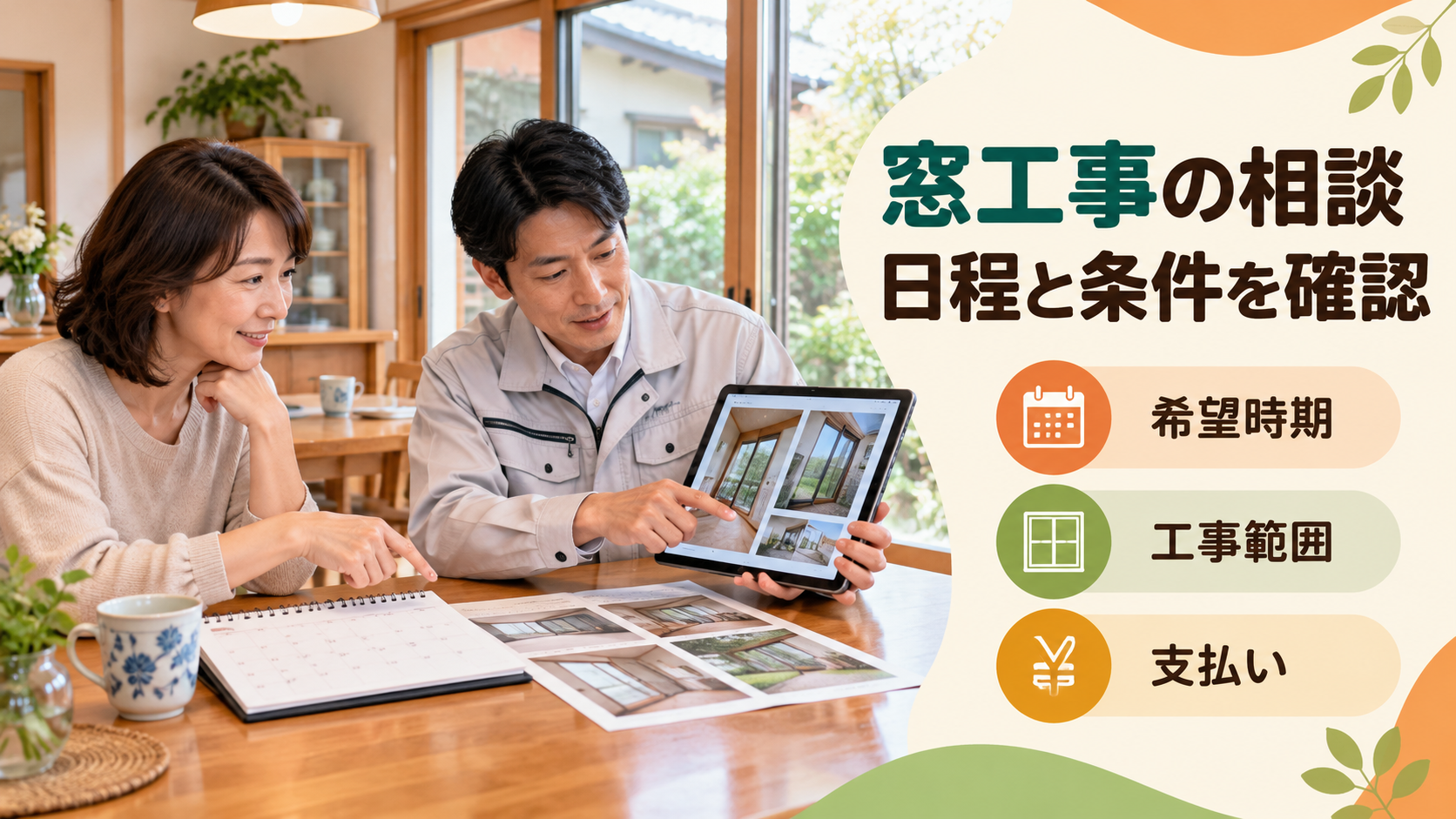 工事希望日と窓の写真と見積書を相談担当者と確認する様子