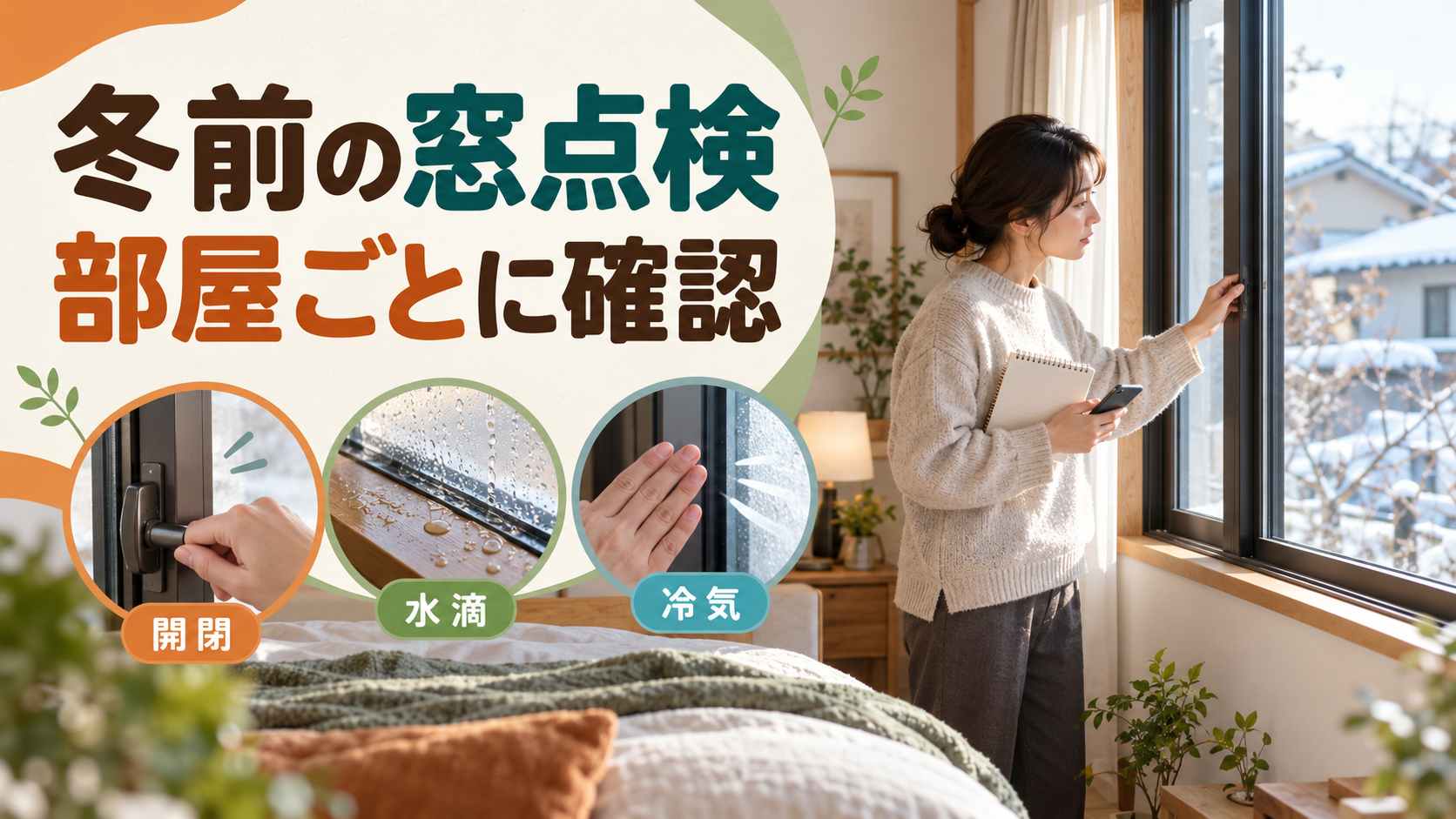 冬に困った部屋の窓と開閉状態を点検する様子