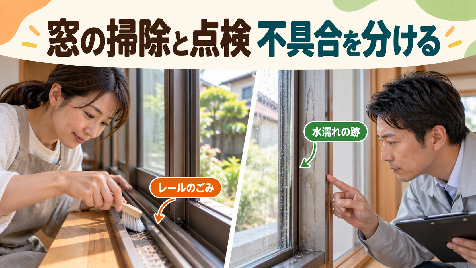 窓レールの掃除と枠の水濡れを別々に確認する様子
