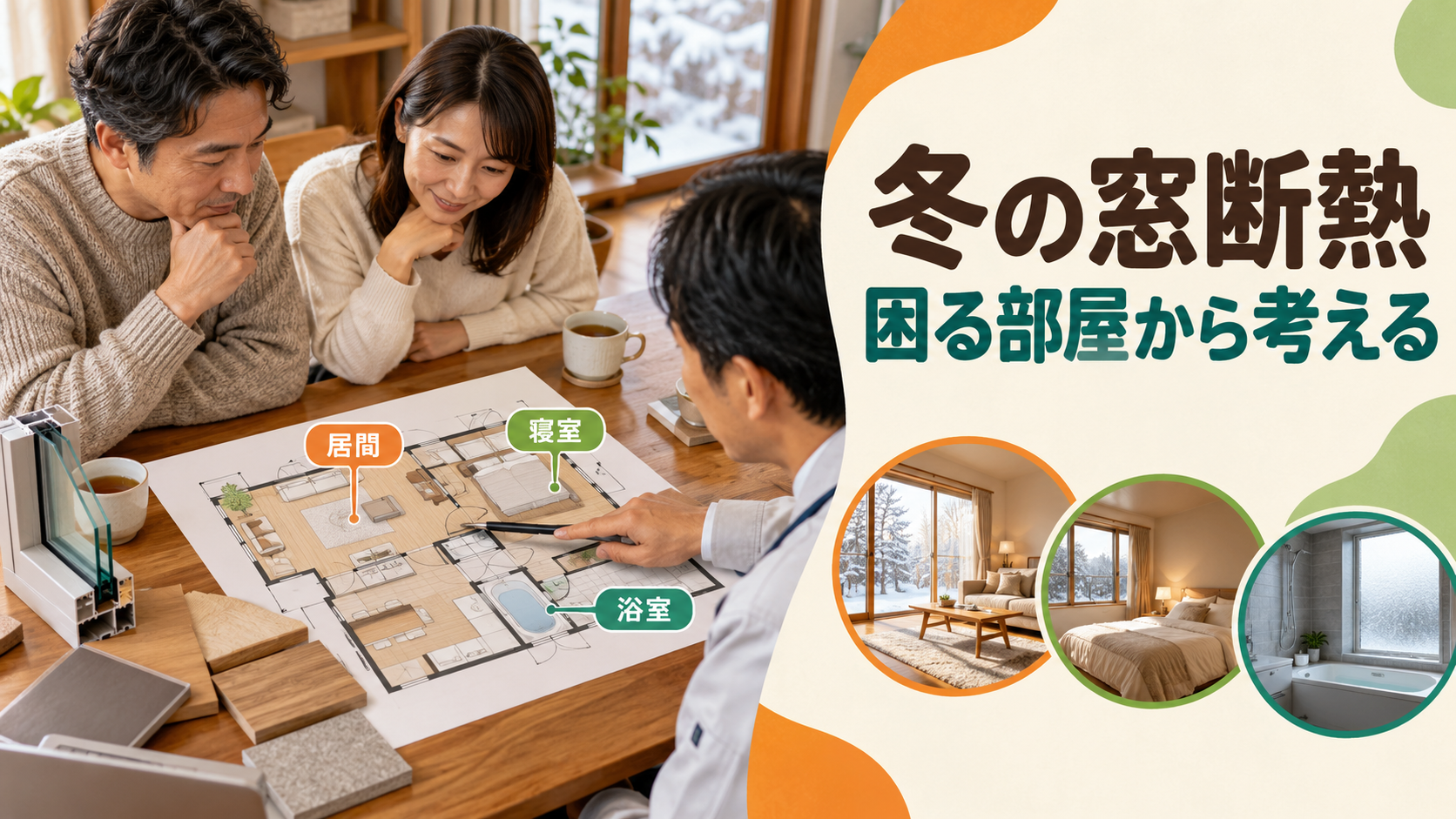 冬の居間や寝室の窓に工事の優先順位をつける間取り図